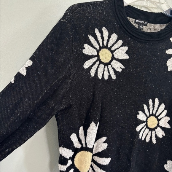 Minnie Rose black daisy sweater cotton/cashmere/silk medium - Picture 2 of 6